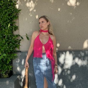 Hot pink mesh top with neck tie detail. Low open back. Only worn once.